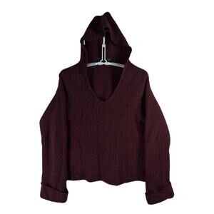 360 Cashmere V-Neck Knit Pullover Hoodie Sweater Burgundy 100% Cashmere Women’s